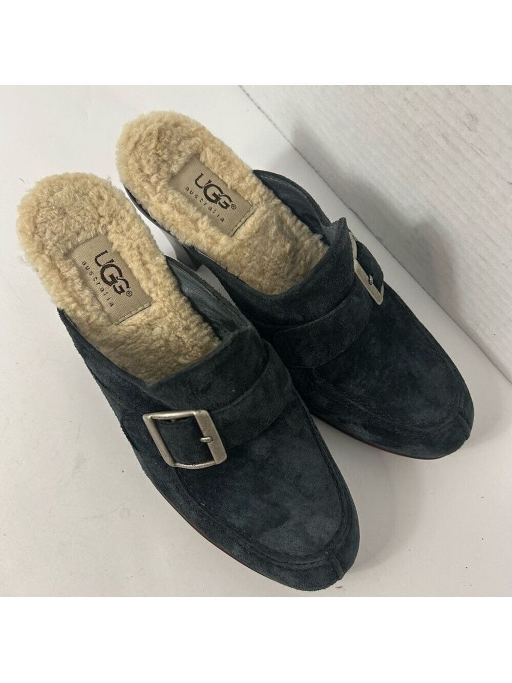 UGG Women’s Clogs 5 Suede Blue 3.5 UK 36 EU Heeled Sheepkin Lined - Picture 3 of 8